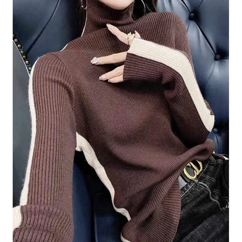 Autumn and Winter Women\'s Pullover High Neck Long Sleeve Contrast Stripe Shirring Slim Fit Fashion Casual Knit Bottom Tops