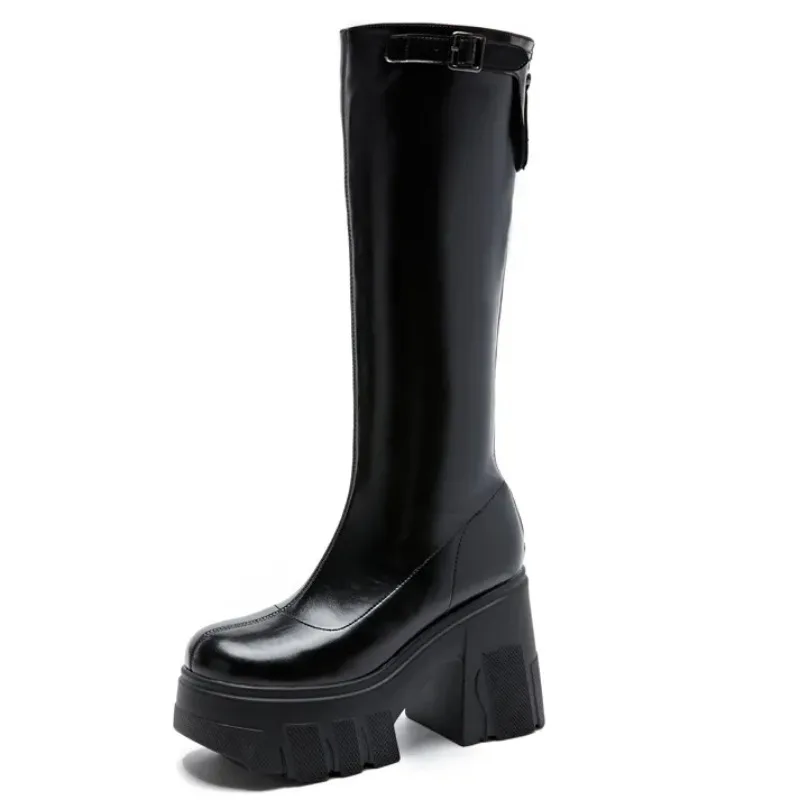 

11cm Microfiber Leather Women High Brand Pumps Heels Shoes ZIP Knee High Ankle Boots Platform Wedge Fashion Pumps Shoes