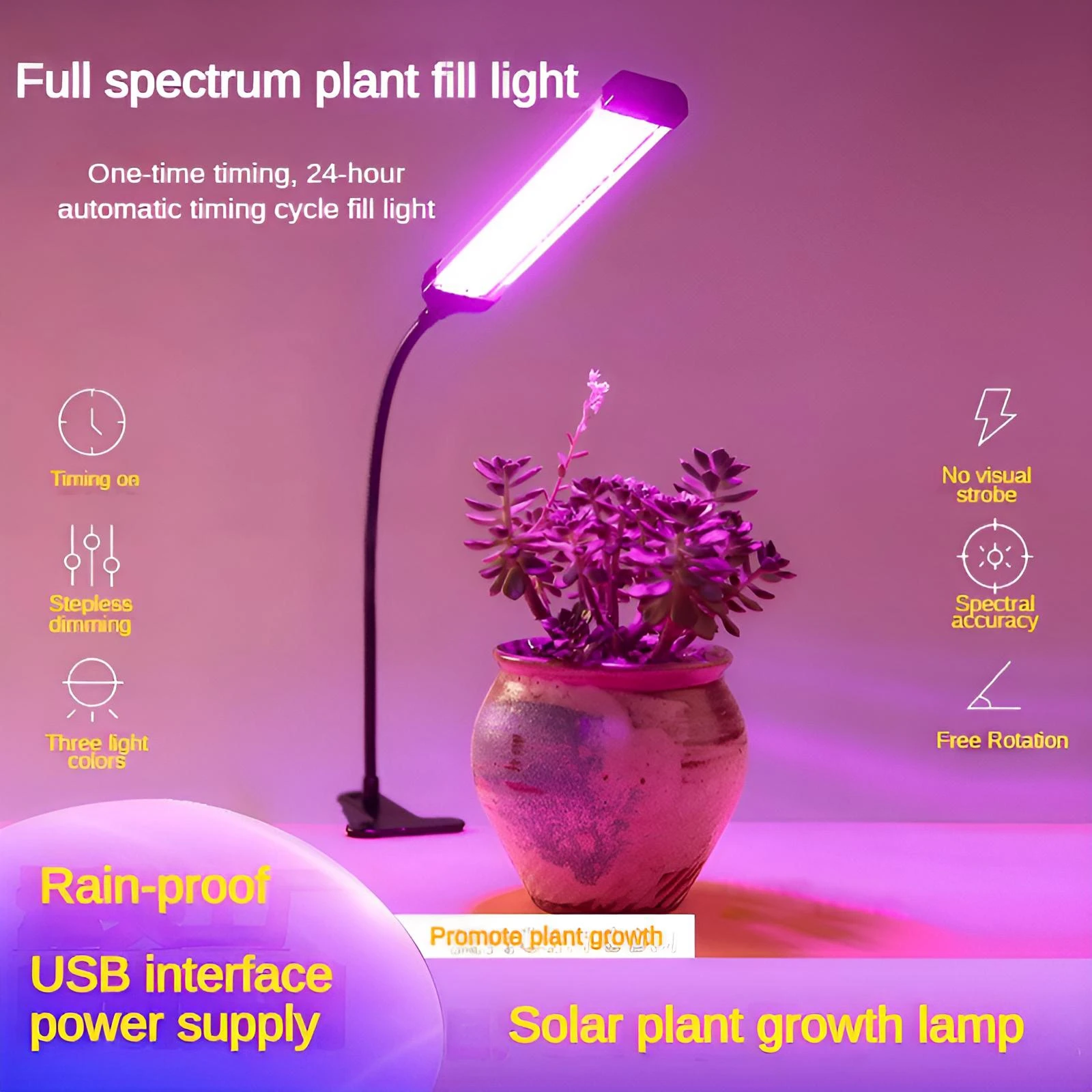

360 ° adjustable full spectrum plant growth lamp with timer, indoor/outdoor waterproof, USB power supply, stepless dimming
