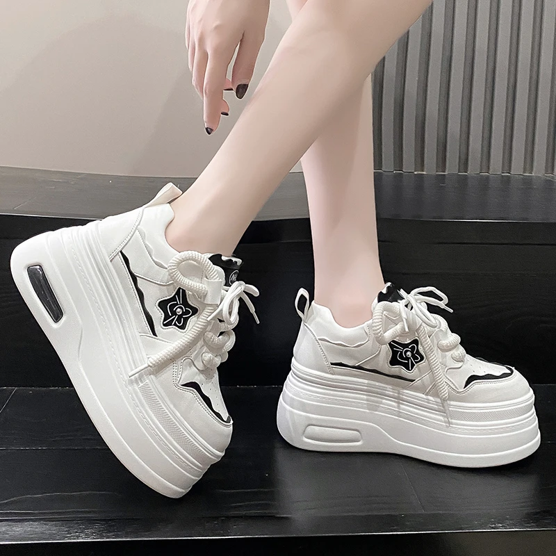 8CM High Platform Shoes Women New 2023 Autumn Chunky Sneakers Designer Thick Sole Leather Sports Shoes Breathable Sneakers Woman