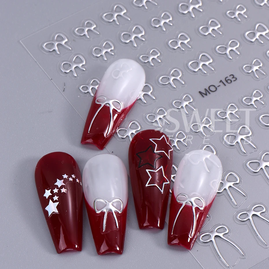 สติกเกอร์ติดเล็บลายโบว์เรียบง่าย 3 ชิ้น สีดำ ขาว เงิน ริบบิ้นผูกโบว์ กาวในตัว น่ารัก ตกแต่งเล็บวันวาเลนไทน์