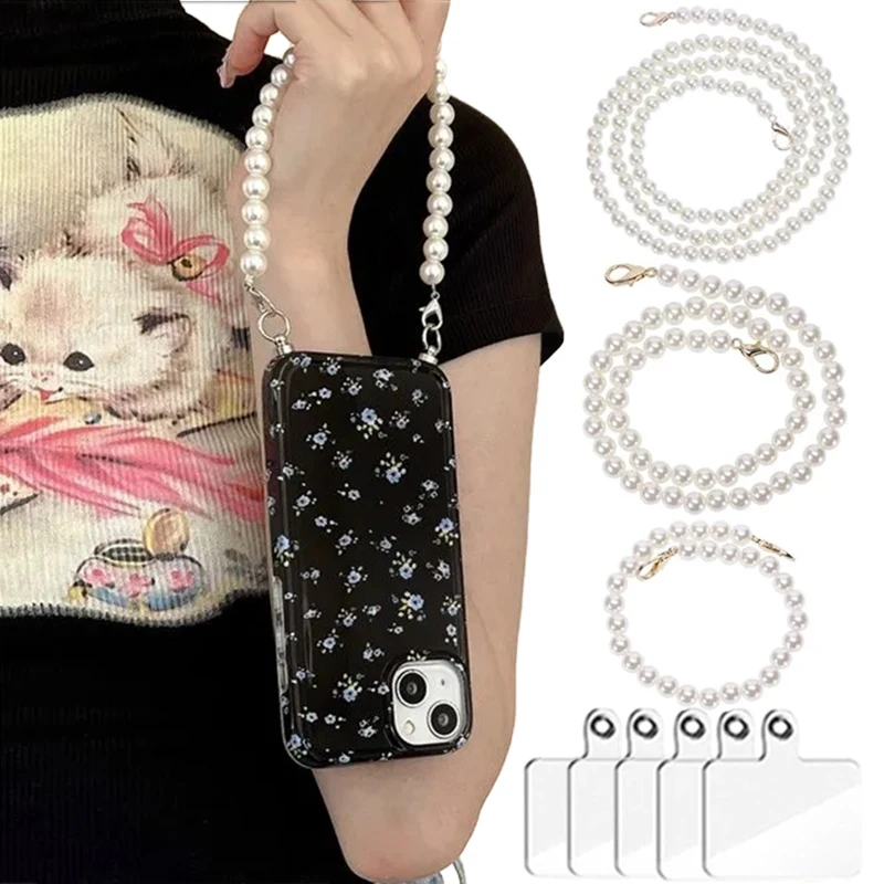 Portable Phone Lanyard Crossbody Chain Strap Pearl Wrist Strap Anti-lost Sling for Iphone 15 14 ProMax Samsung Xiaomi Wriststrap