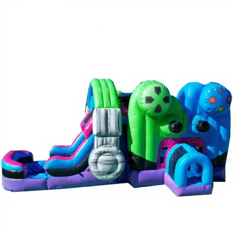Level up Slide Video Gamer Themed Combo Bounce House Water Slide Pool Game Controller Inflatable Bouncy Castle Jumper