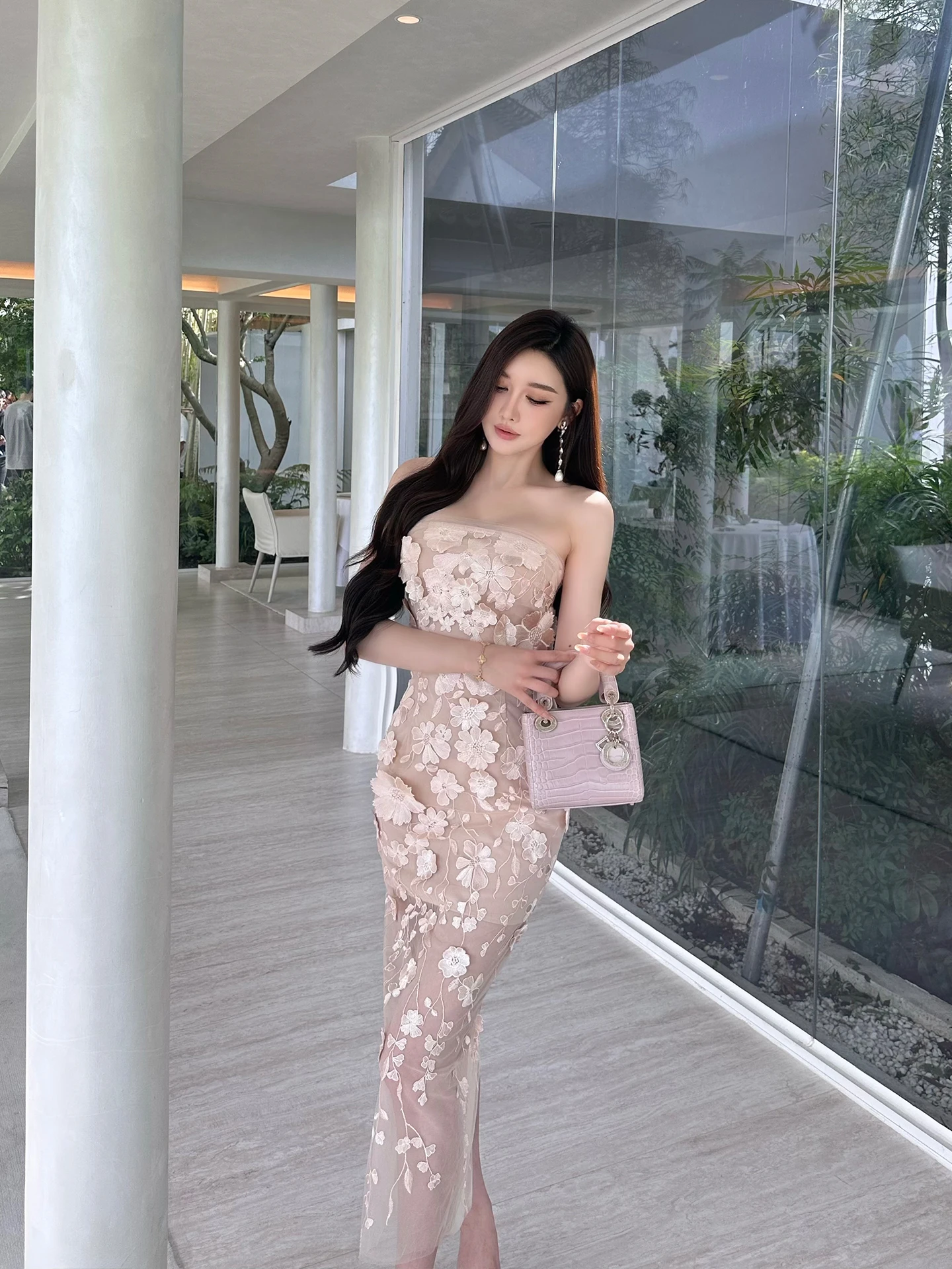  Lace Trim Bustier Dr Women's Summer Slim Fit High Waist Polyester Fabric No Stretch X-ape Silhouette Ba Zipper