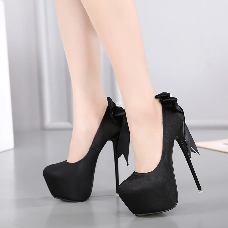 Black Size 34-42 Womens Pumps Sexy Silk Round Toe Platform Slip on Shallow 16CM Thin High Heeled  Butterfly-knot Banquet Shoes