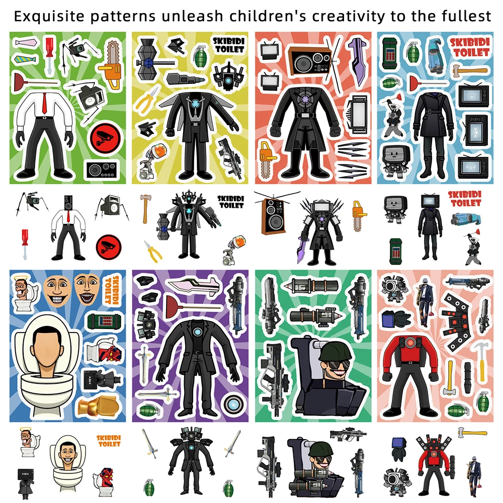 8/16sheets Make a Face Skibidi Toilet Puzzle Stickers Children DIY Assemble Toy Decals Funny Cartoon Jigsaw Game Sticker for Kid - Image 2