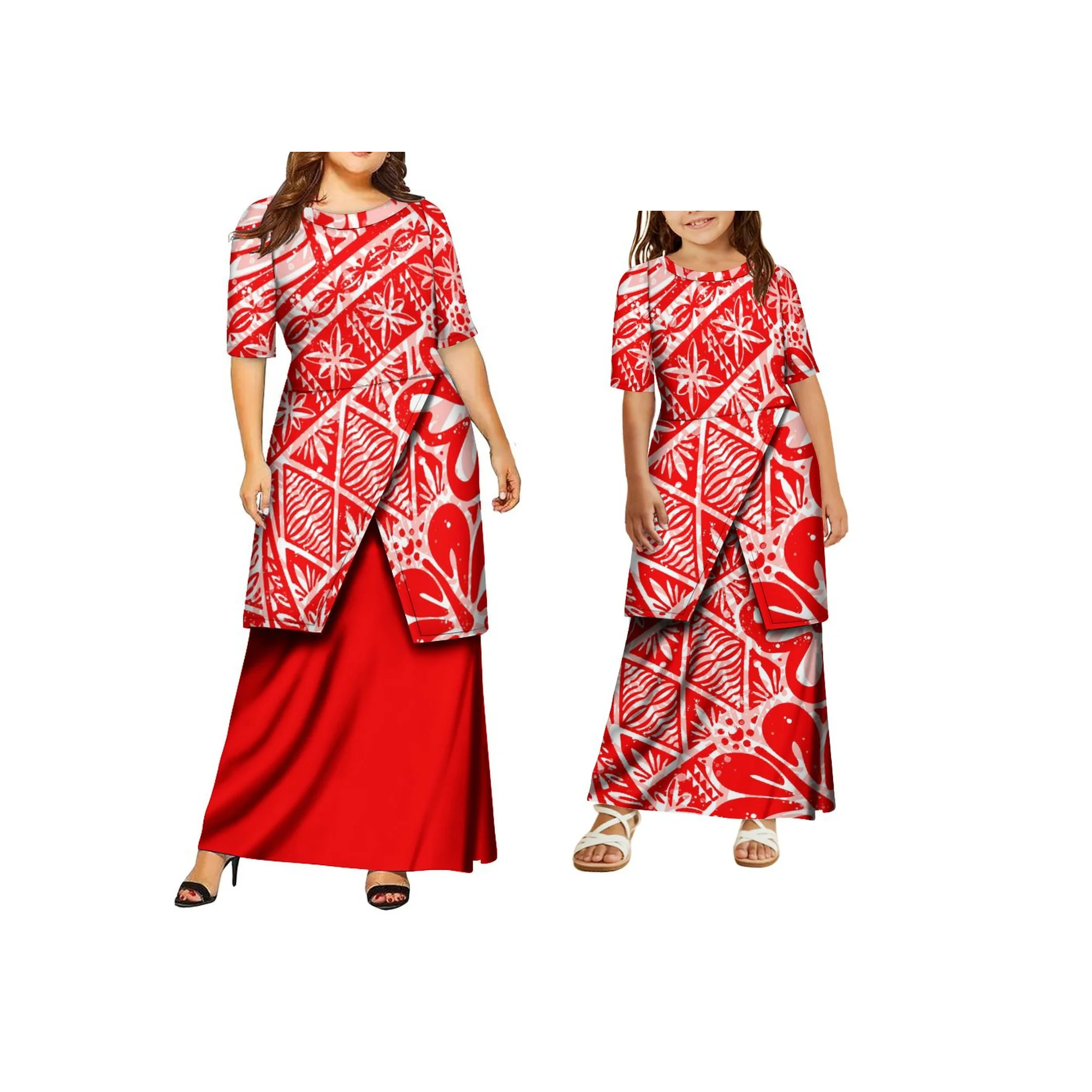 نمط جديد بولينيزيا القبلية طباعة تونغان Puletasi طاقم الرقبة الأم وابنتها ساموا المرأة 2 قطعة وتتسابق مجموعات فستان