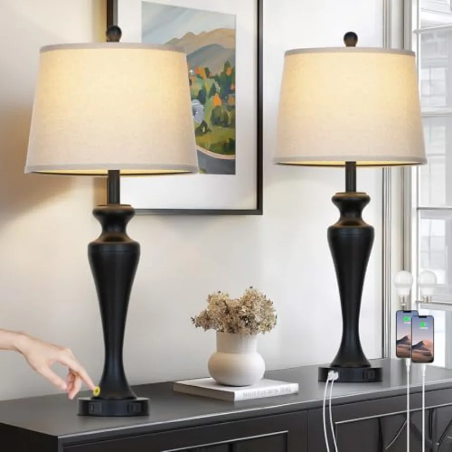 

30" Table Lamps Set of 2, 3-Way Dimmable Touch Bedside Lamp with USB A+C Ports and AC Outlet, Tall Living Room Lamps for Side T