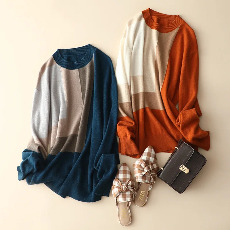 masigoch patchwork designs loose casual warm drop shoulder 100% cashmere loose sweaters