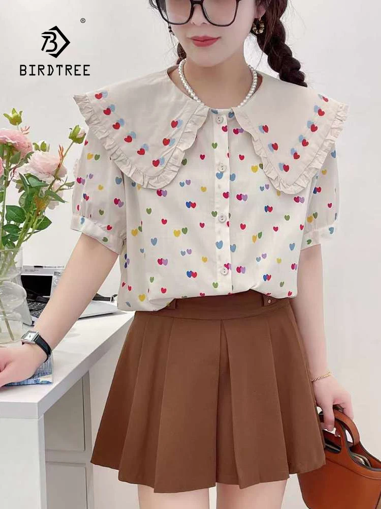 

New Spring Cotton Printed Shirt Women Lapel Short Sleeve Loose Tops Girl Literature Commute Sweet Blouse 2024 Autumn T444163QC