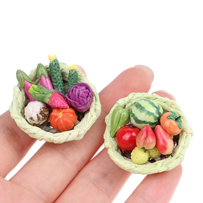 1:12 Dollhouse Miniature Vegetable and Fruit Basket Watermelon Doll House Kitchen Dining Table Decor Mini Life Scene Accessories