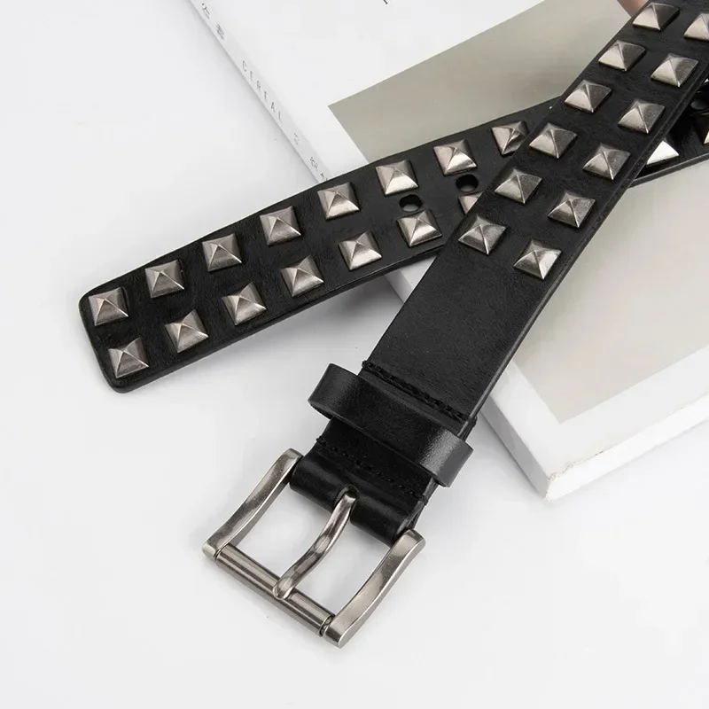 

New Women's Punk Retro Fashion Design Rivet Genuine Leather Belt Female Decorative Hip Hop Versatile Jeans Cowskin Strap Belts