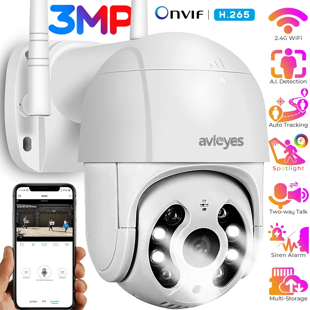 

3MP WiFi IP Camera Outdoor Auto Tracking PTZ Camera Two-way Talk Color Night Vision Wireless Security Dome Camera H.265 Onvif