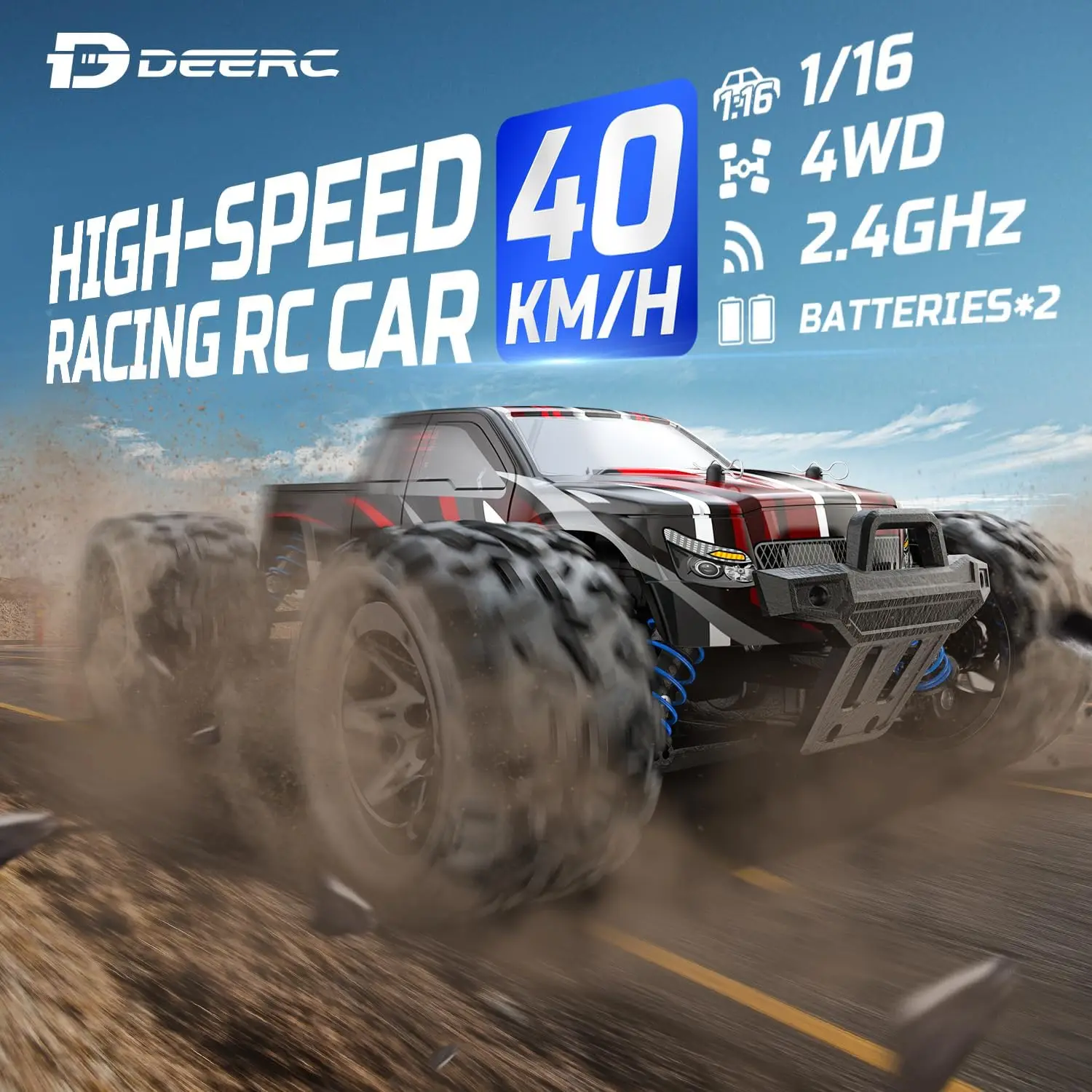 DEERC 9300 1:16 Scale RC Car, 40 KM/H, 4WD Off-Road Monster Truck, 2.4GHz, 2 Rechargeable Batteries images - 6