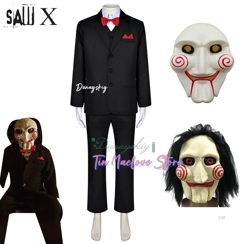 

Jigsaw Killer Black Suit Red Bow Tie Terror Mask Cosplay 코스프레 Adult Men Outfit Halloween Party Carnival Horror Film 코스프레s