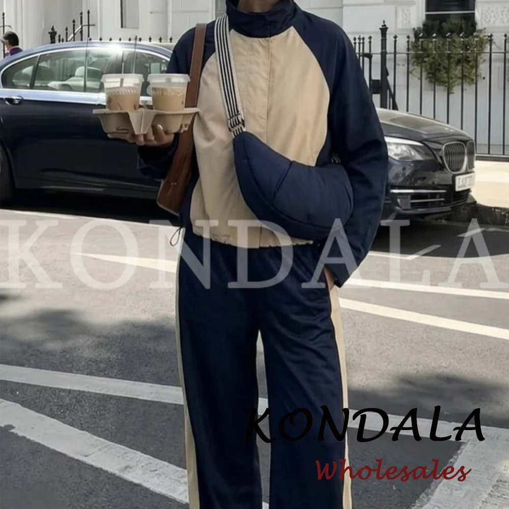 KONDALA Fashion 2026 Autumn Women Patchwork Casual Suit Zipper Oversize Jacket+Elastic Waist Long Pants Vintage Female Chic Suit
