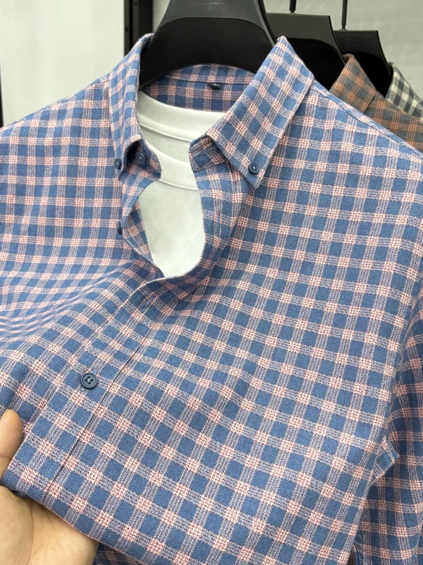 

Men's Pure Cotton Plaid irt Long Sve Casual Busin Casual Waed Easy Care Mid-Year Autumn Wear Iron-Free irt