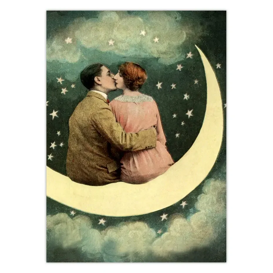 Vintage Poster Couple Kissing Wall Art Canvas Print Crescent Moon Art Antique Paper Moon Love Art Picture Home Decoration 1920s