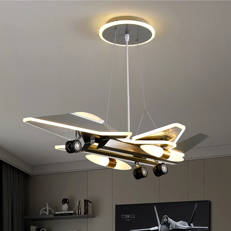 Gray Sky Fighter Chandeliers Children's Room Decor Lights LED Creative Warm Baby room Youth Room Boy Bedroom Airplane Chandelier