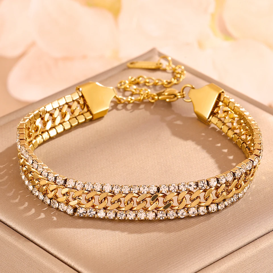 ZAKOL New Cubic Zirconia Tennis Bracelet 18K Gold Plated Stainless Steel Three Layer Wide Bracelet Luxury Jewelry Gift for Women