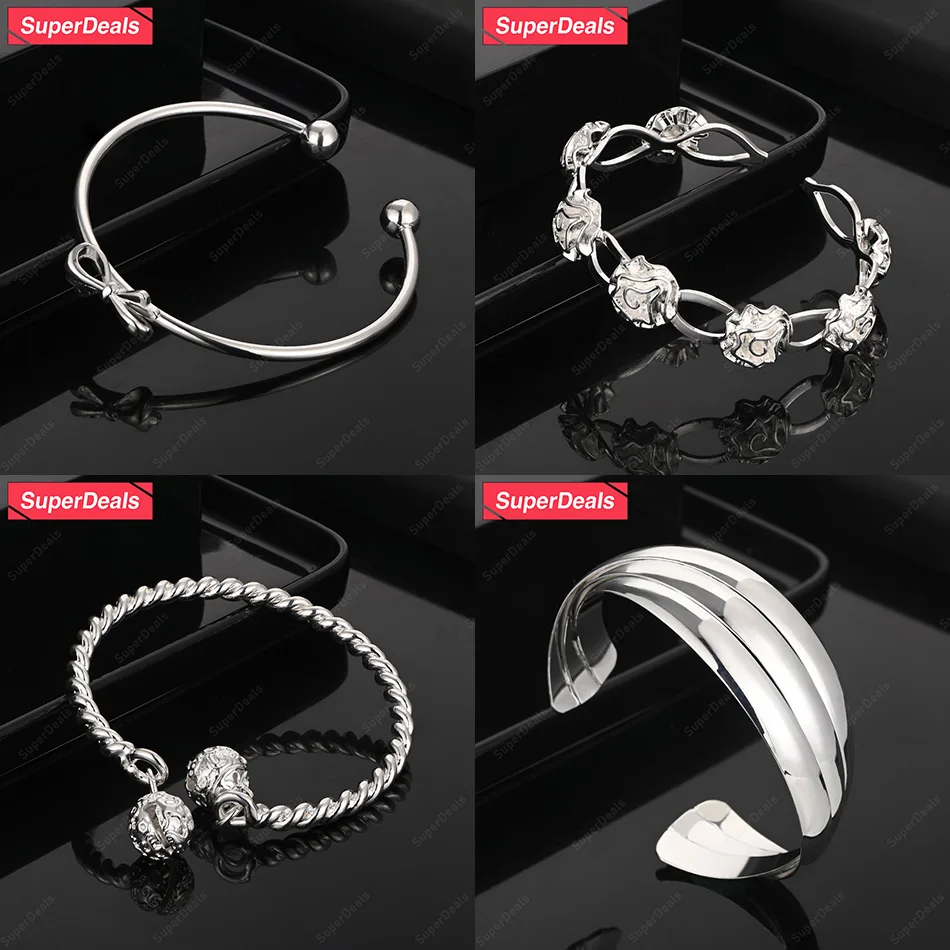 

SuperDeals 925 Sterling Silver Bow Flower Bell Round Opening Bangles Men And Women Fashion Party Fine Christmas Gift Jewelry