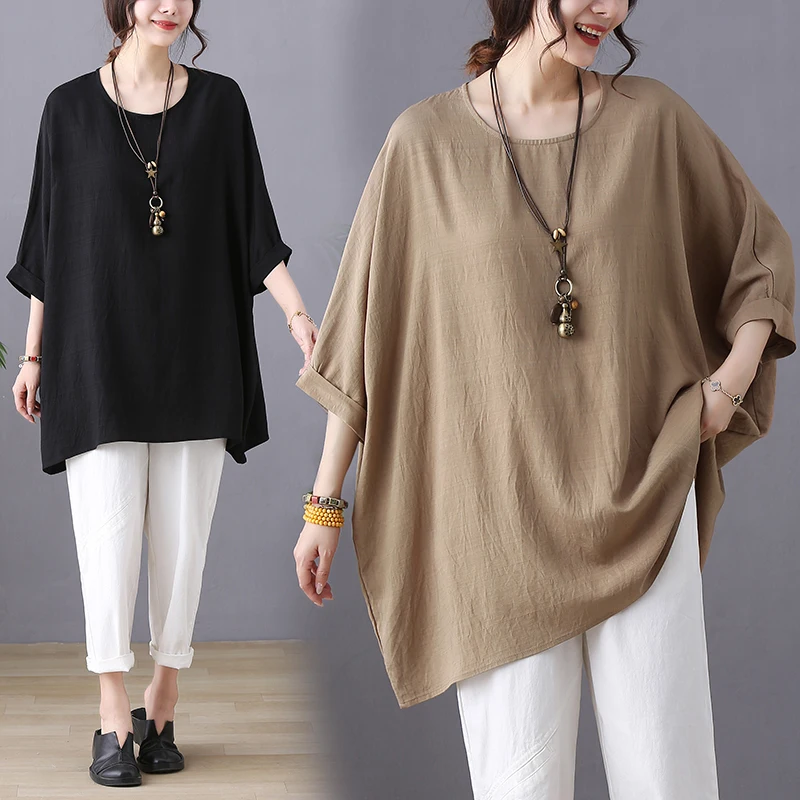 Plus Size Katoen Linnen Batwing Sve T-shirt Zomer Faion Buik Die Afslanken Top Koreaanse Sle Ronde Ne Mid-lengte