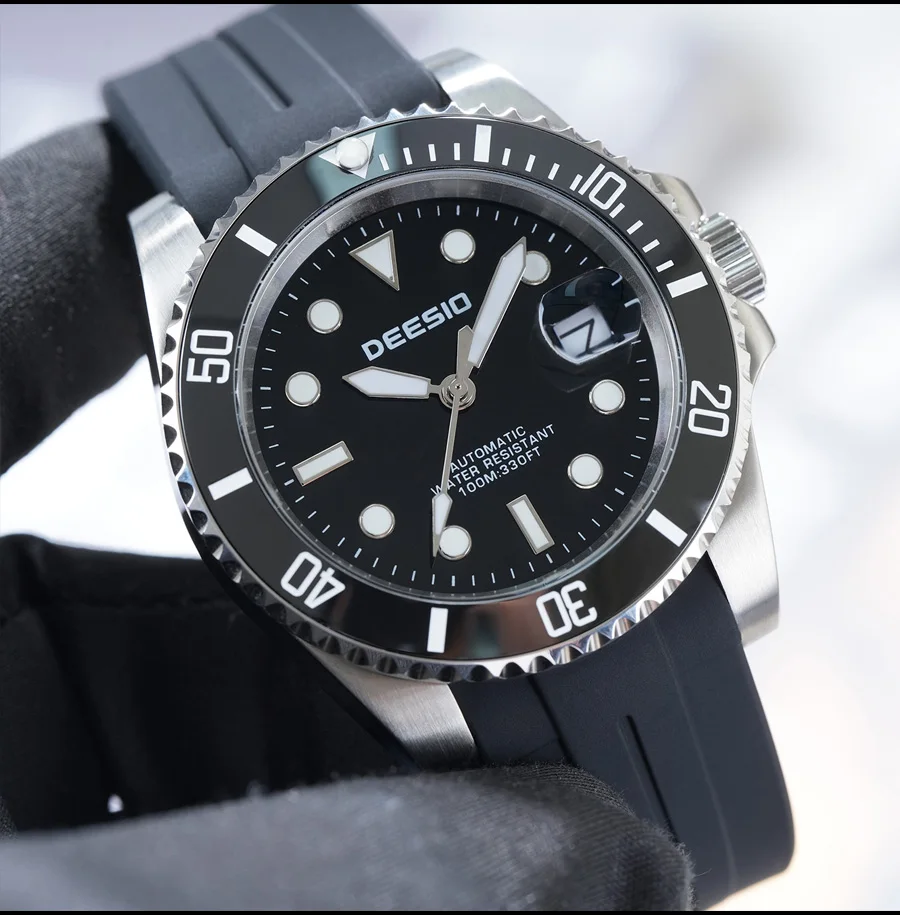 Deesio Luxury Men's Full Automatic Mechanical Watch, 316L Stainless Steel Case, Silicone Strap, Date Display, Luminous Hands, Upgrade 100M Waterproof, High-Mineral Glass, Sport Sweatproof, Self-Wind & Manual Wind, Black Classic Business Casual Design