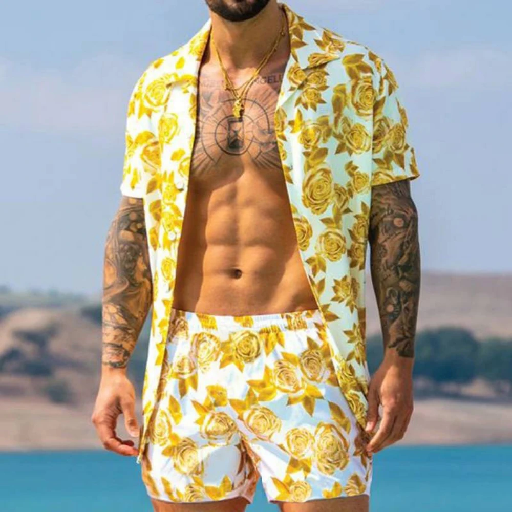 Conjunto de terno de praia de duas peças estilo havaiano masculino, camisa de manga curta estampada, shorts esportivos casuais, verão