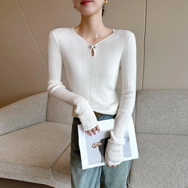 V-neck Pullovers Women Knitted Tops 2024 Slim Fit Long Sleeve Sweater Shirts Female Fashion Knitwear