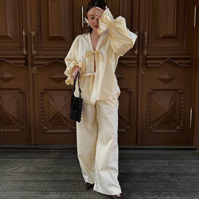 

Women's clothing 2025 summer new style design straps wood earrings long sleeve shirt wide-leg trousers suit club clothing Vestid