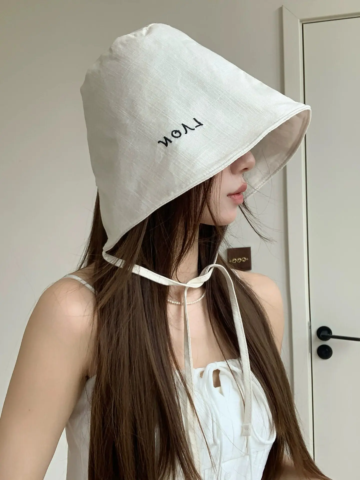New Japanese solid color lace-up bucket hat women's UV protection sun hat foldable sun protection hat