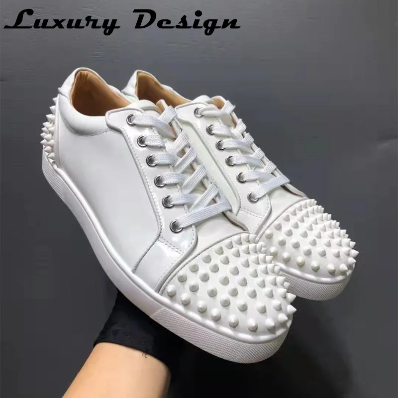 Zapatos de tenis de cuero genuino para mujer, zapatillas con remaches, de alta calidad, planas, informales, para correr, de marca de lujo, Unisex