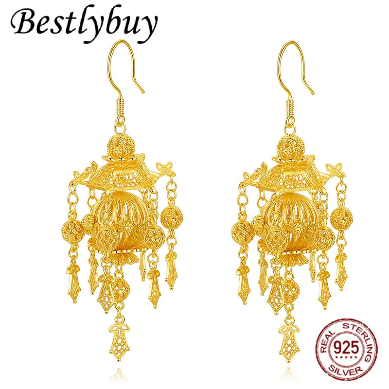 

Real Silver 990 Fashionable Lantern Embroidered Flower Ball Earrings Retro 24K Gold Lotus Flower Tassel Women's High-end Jewelry