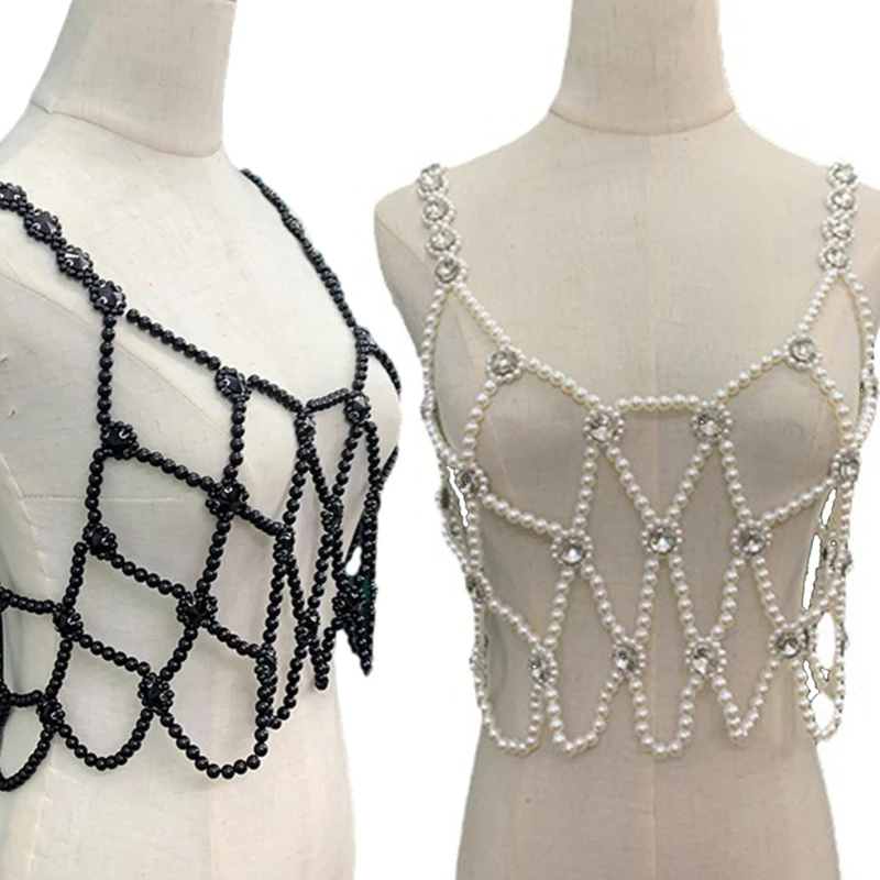 Pearl Crytstal Harness Crop Top Body Chain Handmade Beaded Camisole Mini Vest for Women Party Nightclub Body Jewelry P8DB