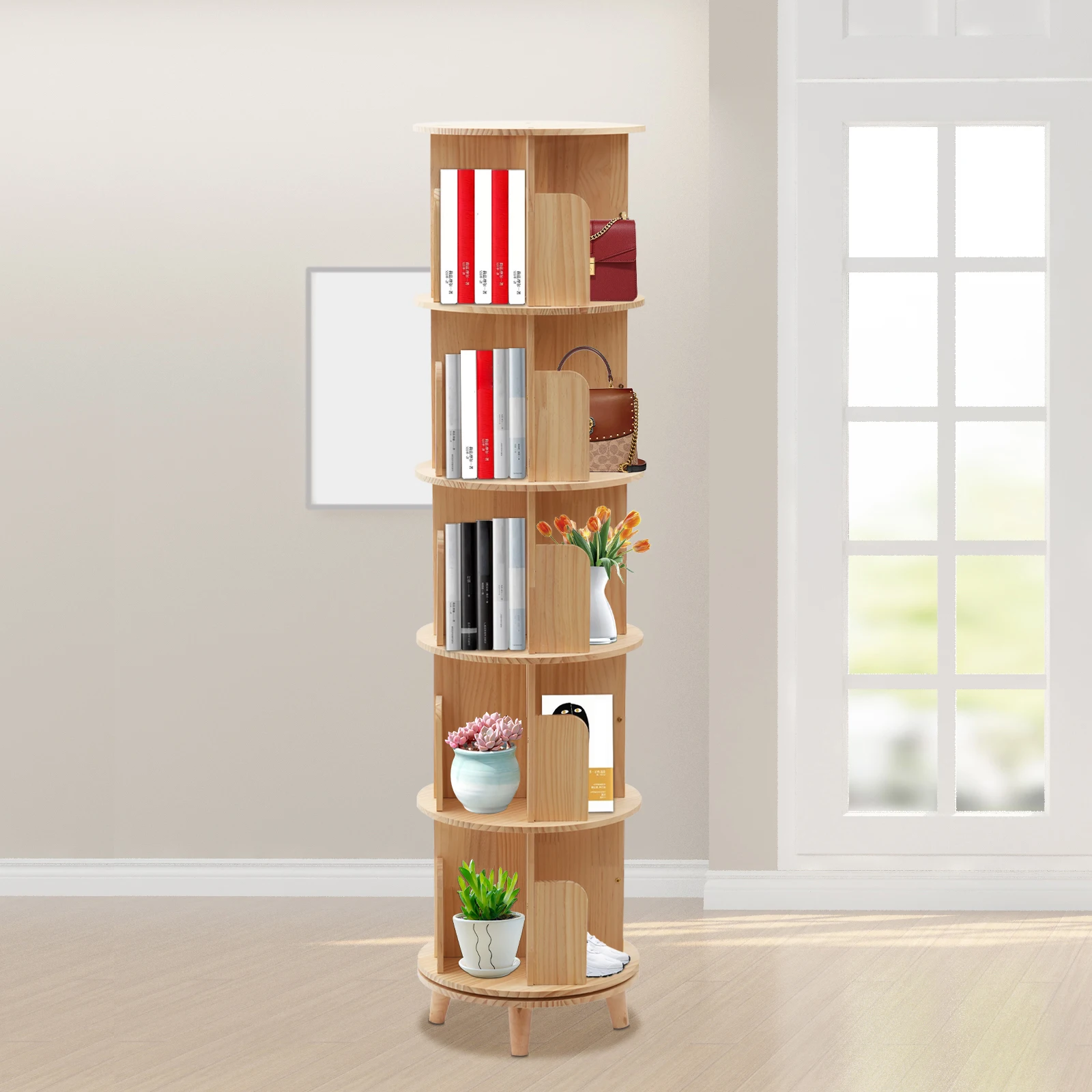 

5-Tier Rotating Bookshelf 360 Display Floor Standing Bookcase Storage Rack for Kids&Adults