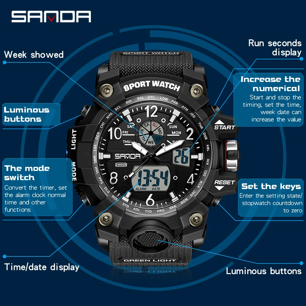 SANDA Brand G- Style Military Watch Men Digital Shock Sports Watches For Man Waterproof Electronic Wristwatch Mens Relogios 3169