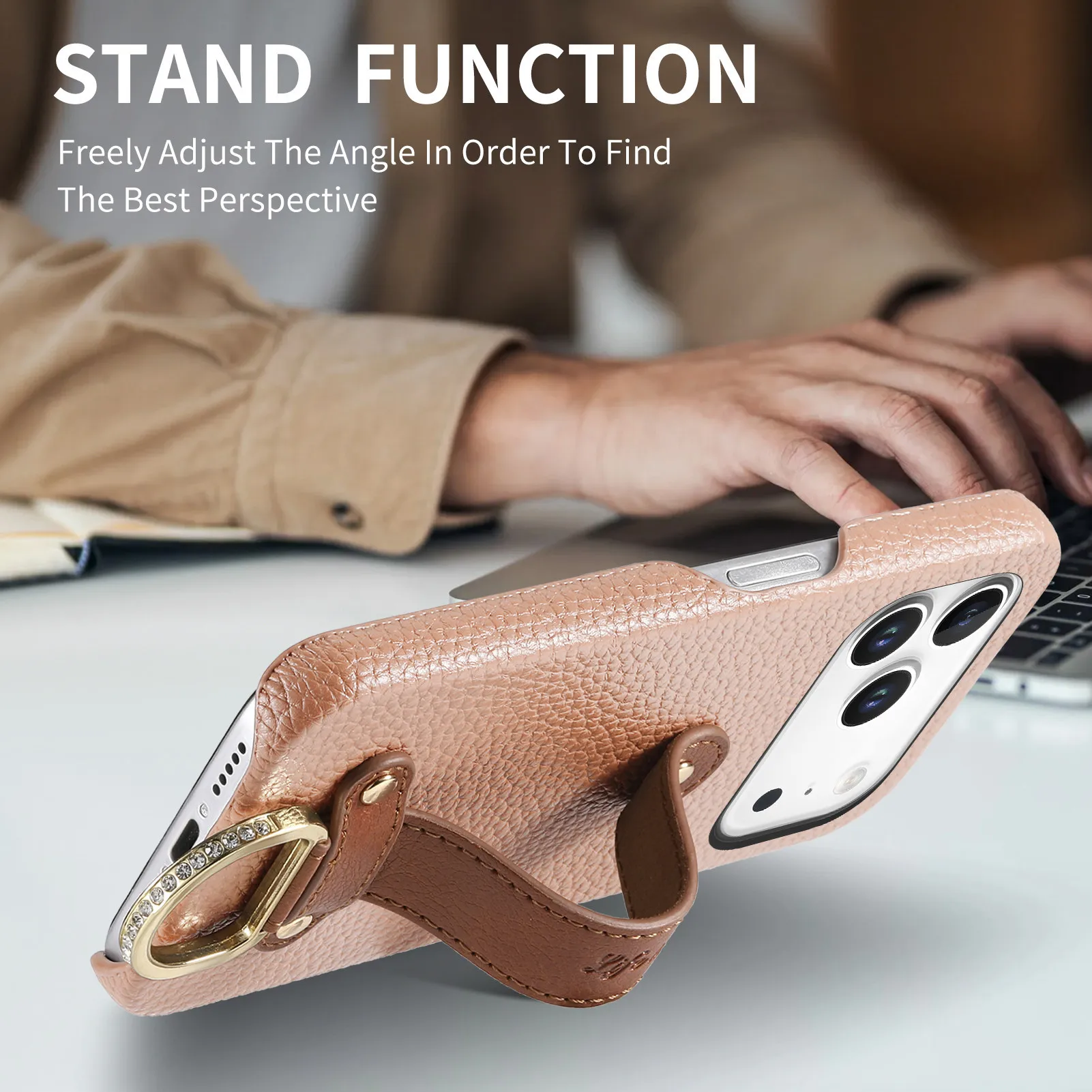 Fashion Lychee Textured Leather Wrist Strap Ring Phone Case For iPhone 17 Pro Max 16 Plus 15 14 13 12 Shockproof Portable cover - view 4