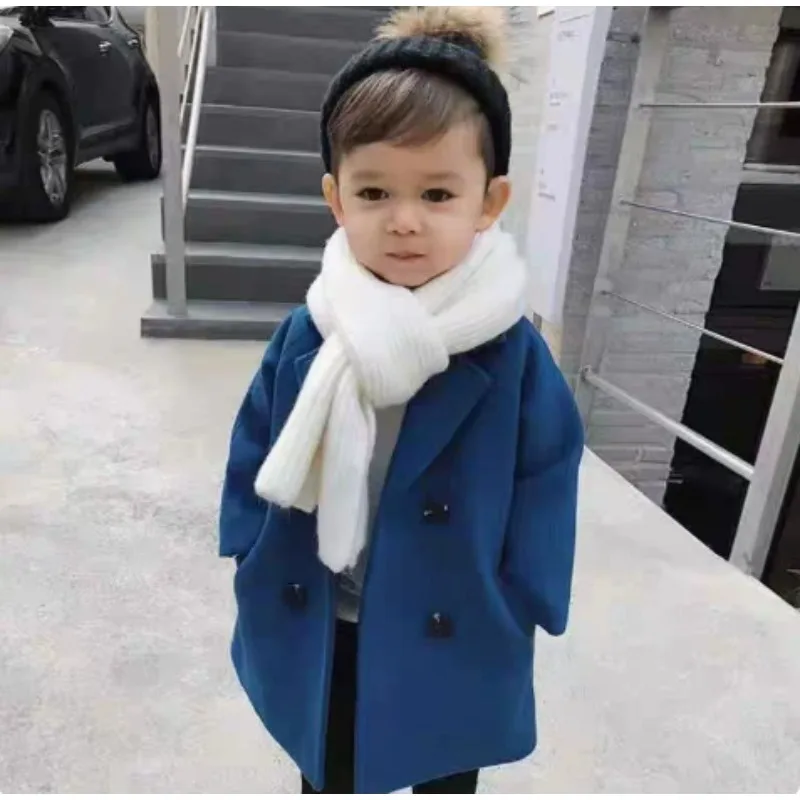 New Winter Grid Jackets Boys Girl Woolen Double-breasted Baby Boy Trench Coat Lapel Autumn Kids Outerwear