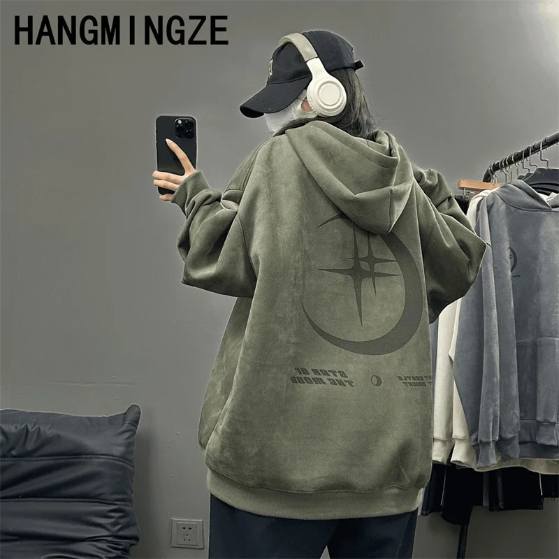 American High Street Suede Moon Sweatshirt For Men 2024 Autumn And Winter New Hoodie Trendy Brand Genderless Loose Casual Hoody