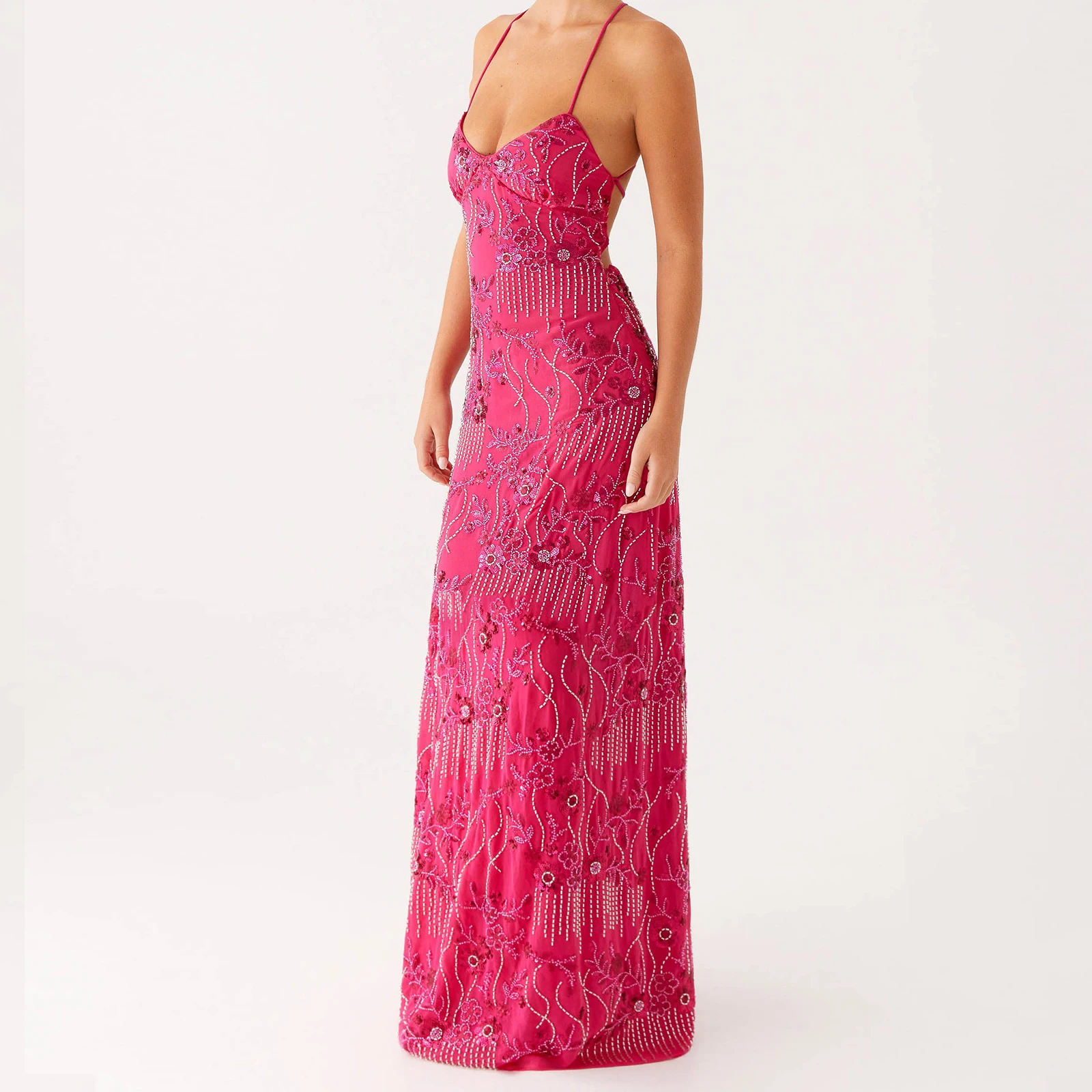 ใหม่แฟชั่นผู้หญิงชุดยาวดอกไม้เย็บปักถักร้อยแขนกุด Cami ฤดูร้อน CROSS Backless สปาเก็ตตี้ชุด S M L