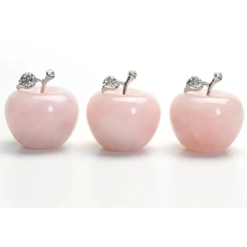 1.7 INCH Natural Chakra Semi-precious Stone Ornaments Crystal Reiki Healing Apple Statue with Alloy Leaf Home Decoration