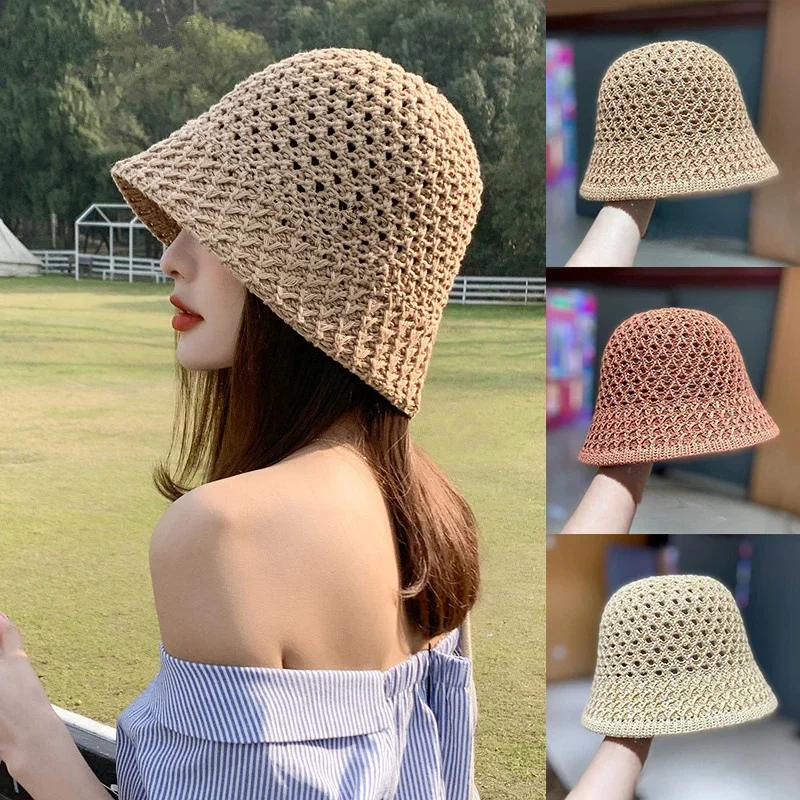 Wide Sun Hat Brim Floppy Summer Hats for Women Beach Panama Straw Dome Weave Bucket Hat Hollow Out Female Hat Knitted Women Hats