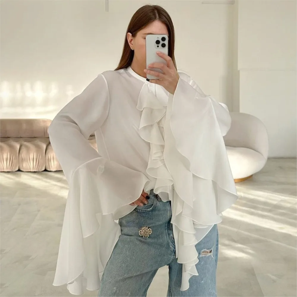 Elegant Wolmen White Fashion Loose Ruffled French Shirt Temperament Autumn Women Patchwork Lace Flared Sleeves Chiffon Blouses