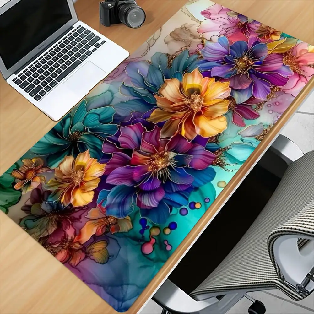 Colorful Floral Gaming Mouse Pad Large Desk Mat Vibrant Flower Extended Keyboard Mat Non Slip Gamer Carpet for Office Laptop