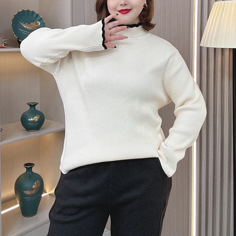 Plus Size Women's Knitted Sweater Autumn Winter Loose Mock Neck Block Color Thick Pullover Jumper 6667