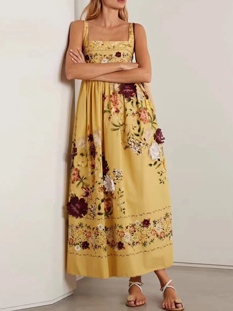 Designer Retro Positioned Print Draped Suspender Dress 2026 Summer Women's Fashion Fashion Smocked Waist Loose Puff Skirt