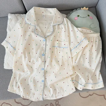 Women'S Printed Polka Dot Cotton Pajamas Set Short Sleeved Top And Shorts 2-Piece Casual…