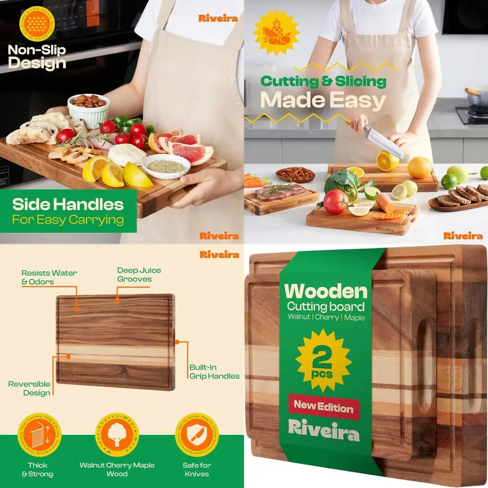 

Dual-Size Wooden Cutting Board Set - Premium Walnut, Maple & Cherry Wood Boards with Juice Grooves