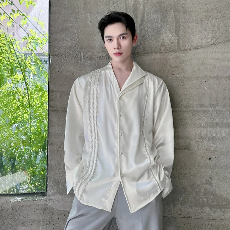 WTHT Fashion Men's Heavy Industy Beads Solid Color Shirts Trendy Single-breasted Long Sleeves Tops Male 2026 Summer 2A2881