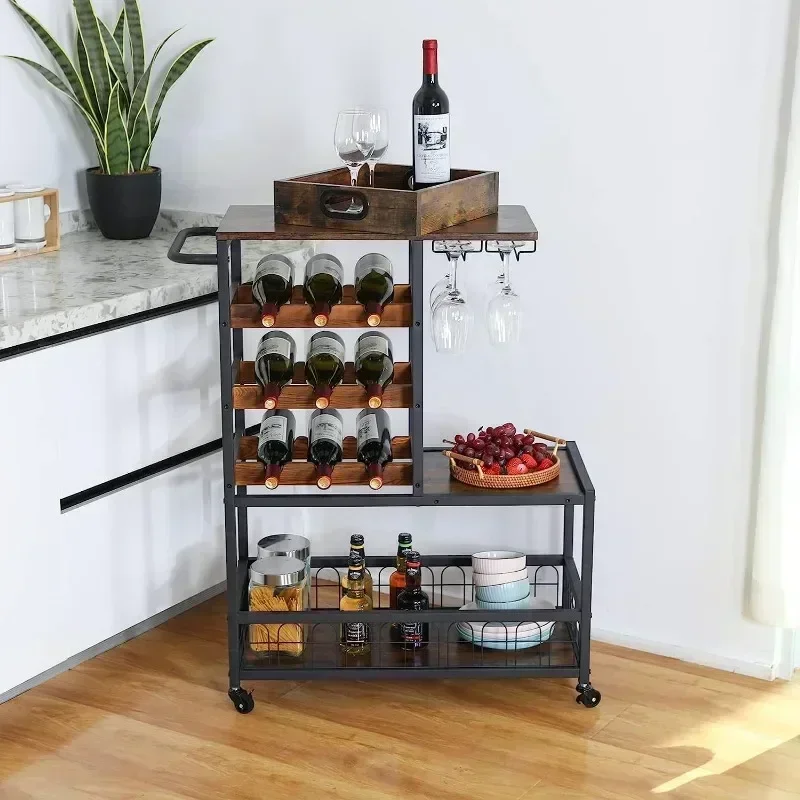 Mobile Kitchen Serving Cart with Wine Rack and Glass Holder  Industrial Wine Cart Farmhouse Bar Cart with Storage